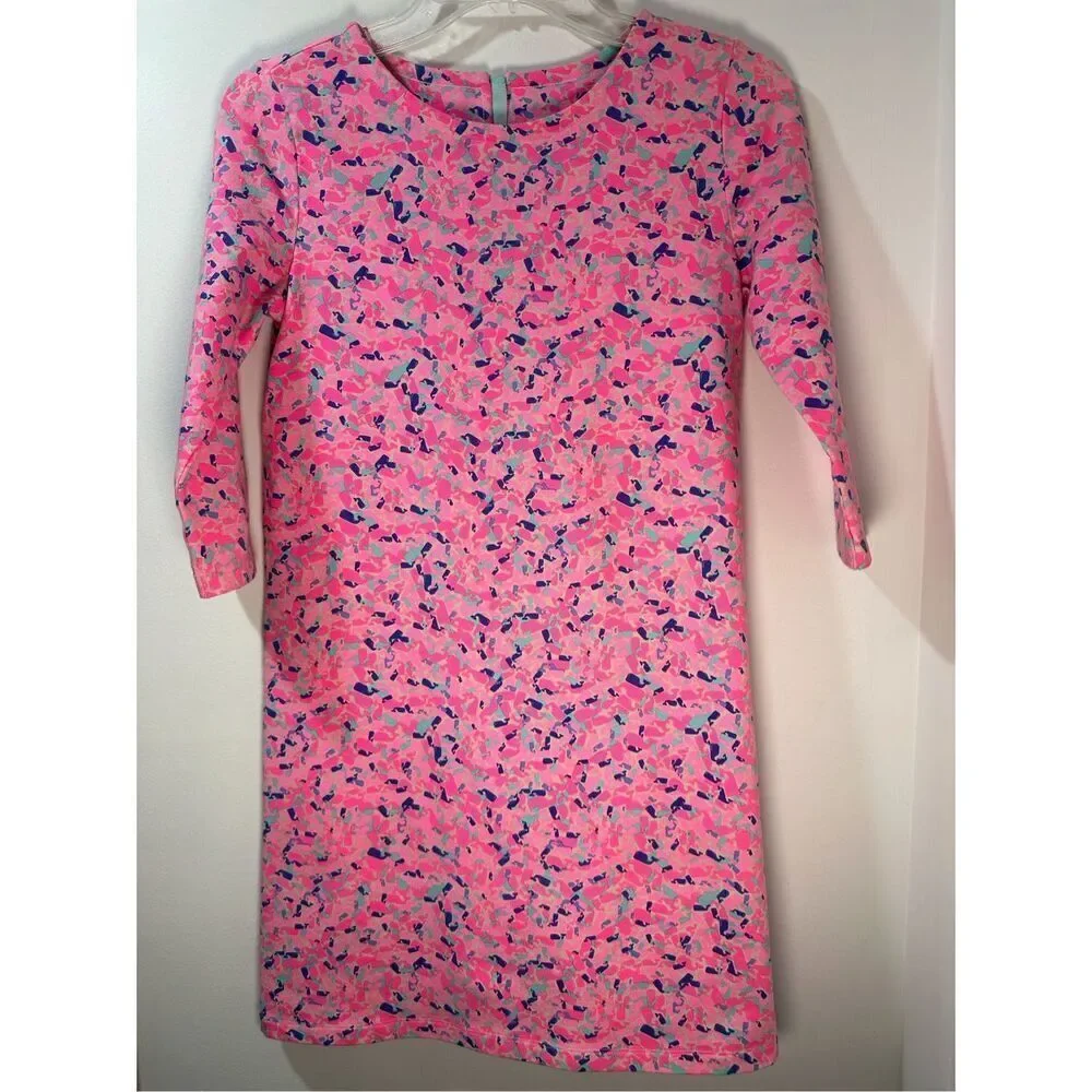 Vineyard Vines girls hot pink whale print 3/4 sleeve zip back dress size L #40-1
